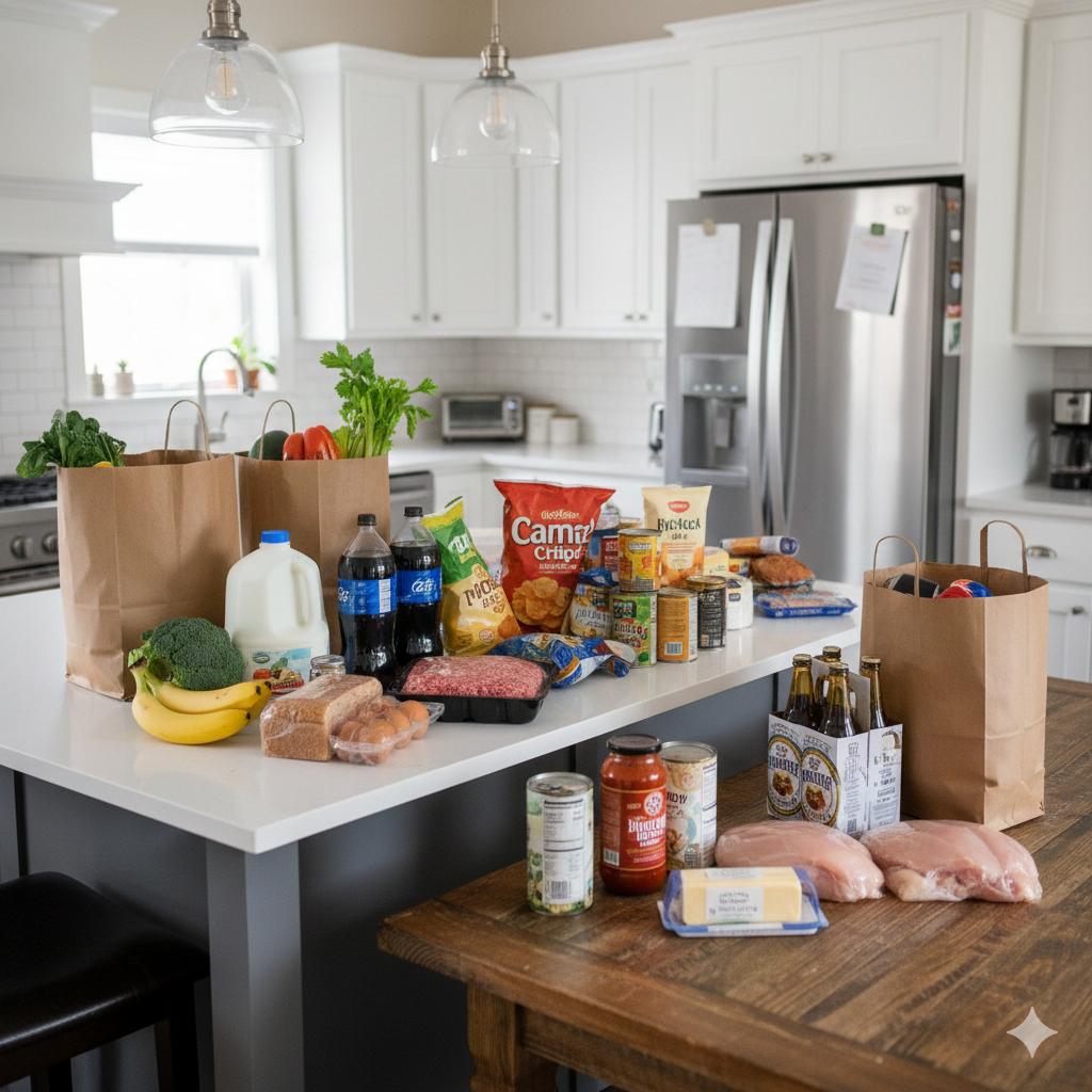 large grocery haul on a kitchen counter