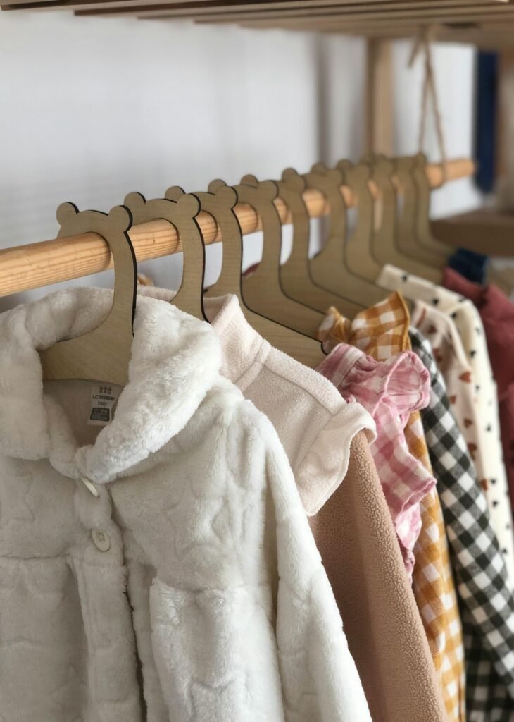 Cozy children's clothing neatly arranged on bear-themed hangers.